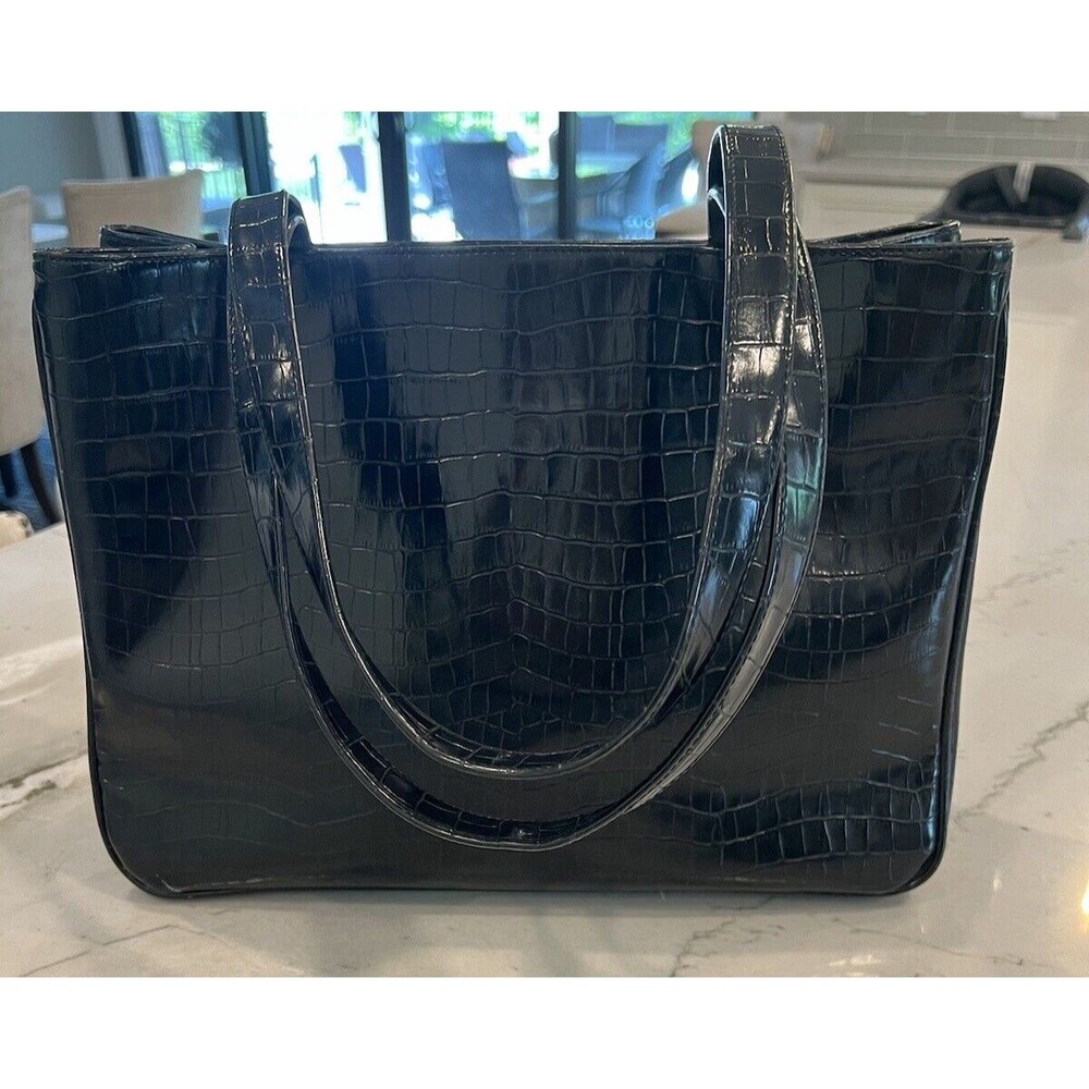 Womens Coldwater Creek Faux Leather Black Briefcase bag pockets